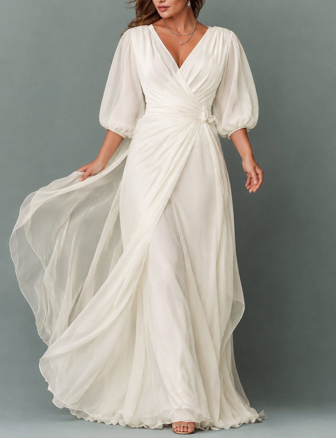 Chiffon Balloon Sleeve Maxi Dress