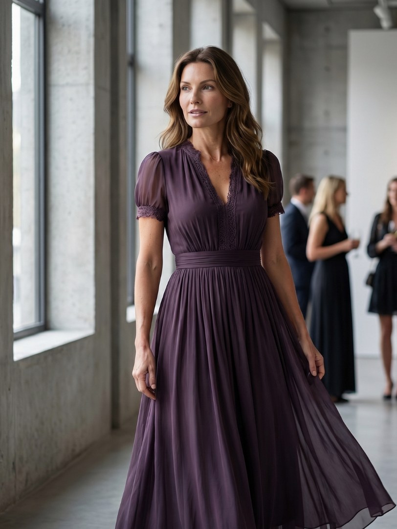 Chiffon Puff Sleeve Lace Trim Maxi Dress