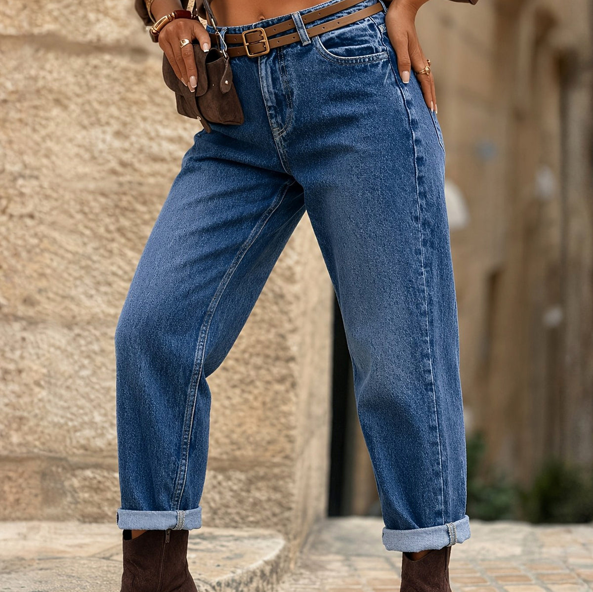 Denim Cuffed Straight Leg Jeans