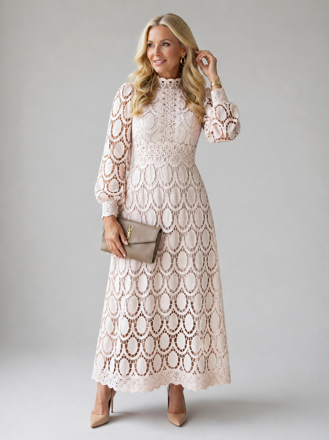 Guipure Lace Long Sleeve Midi Dress
