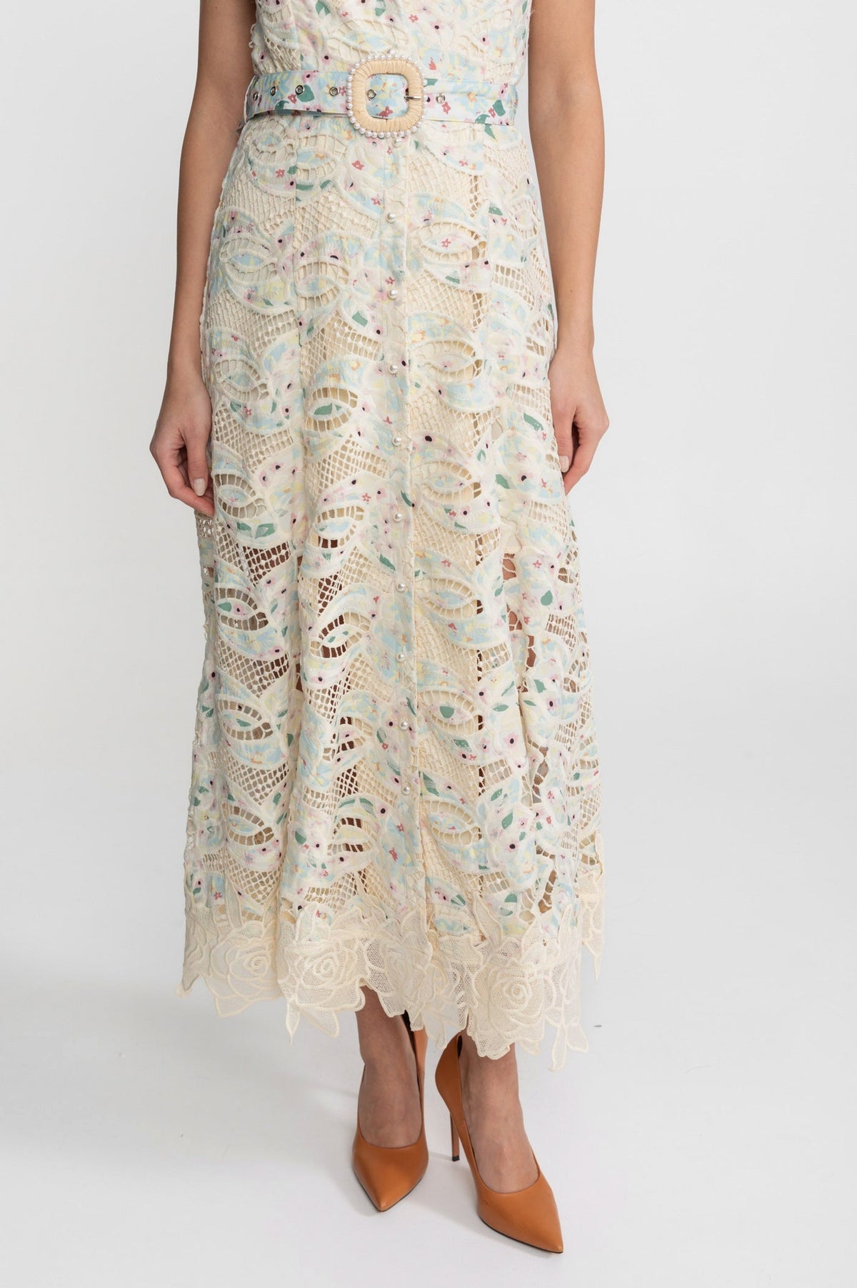 Lace Collared Belted Button Front Midi Dress