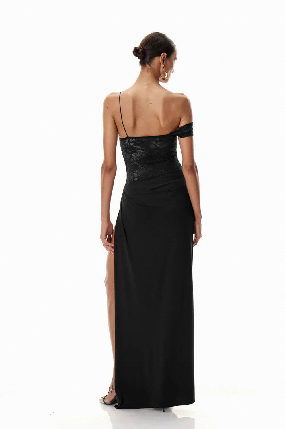 Lace Off Shoulder Draped Ruched Maxi Dress