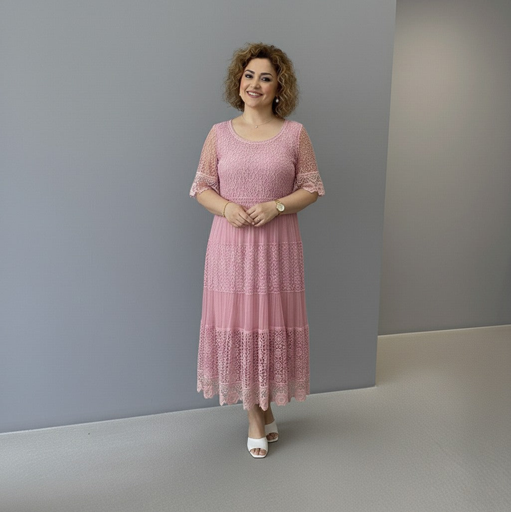 Lace Tiered Pleated Short Sleeve Midi Dress