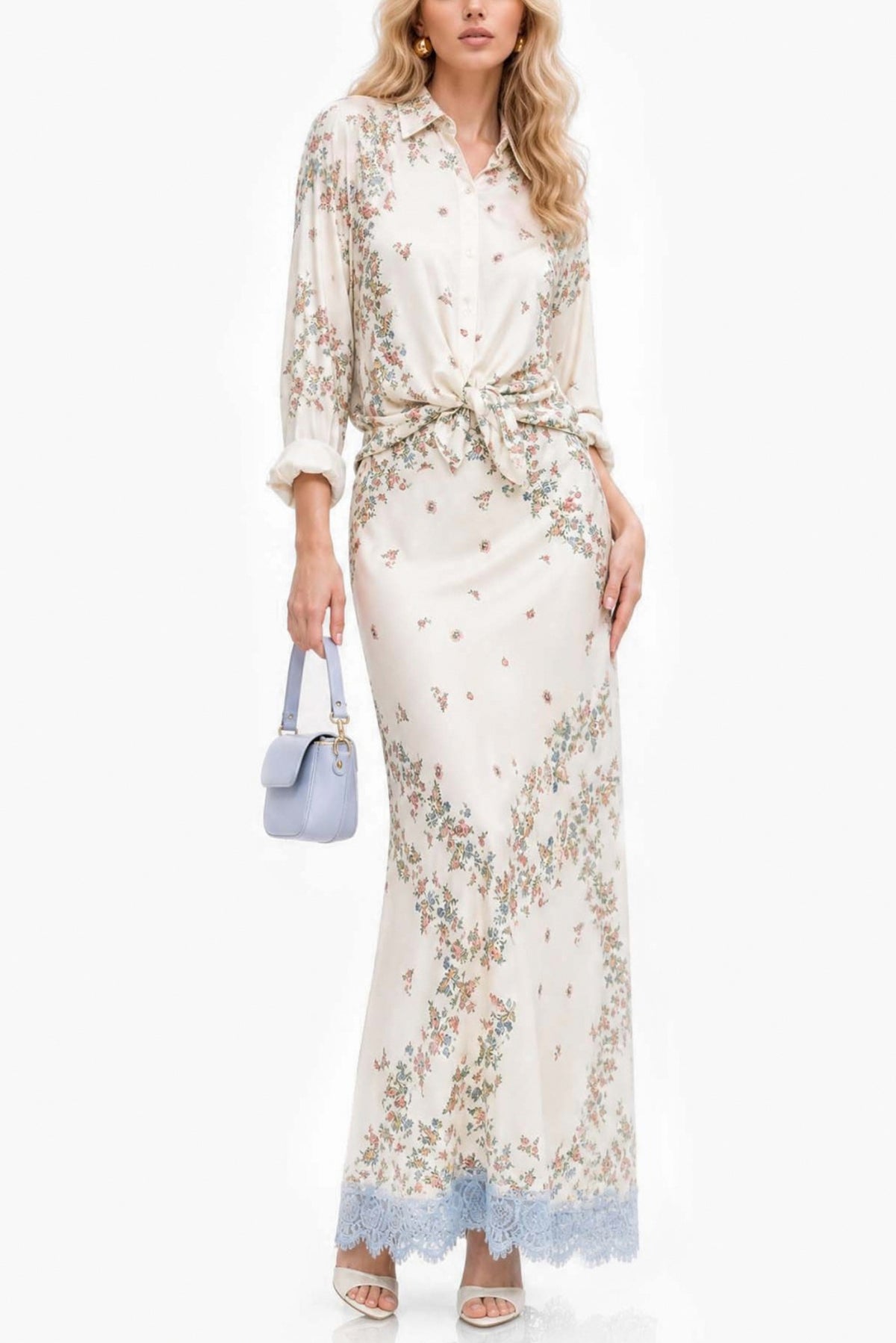 Floral Shirt Lace Trim Maxi Skirt Set