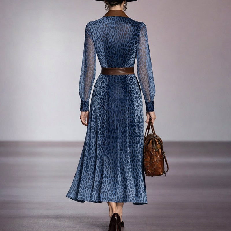 Leopard Print Long Sleeve Midi Shirt Dress