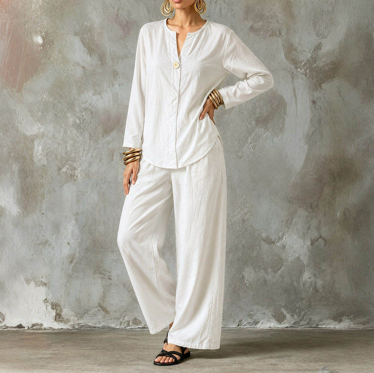 Linen Split Neck Pants Set