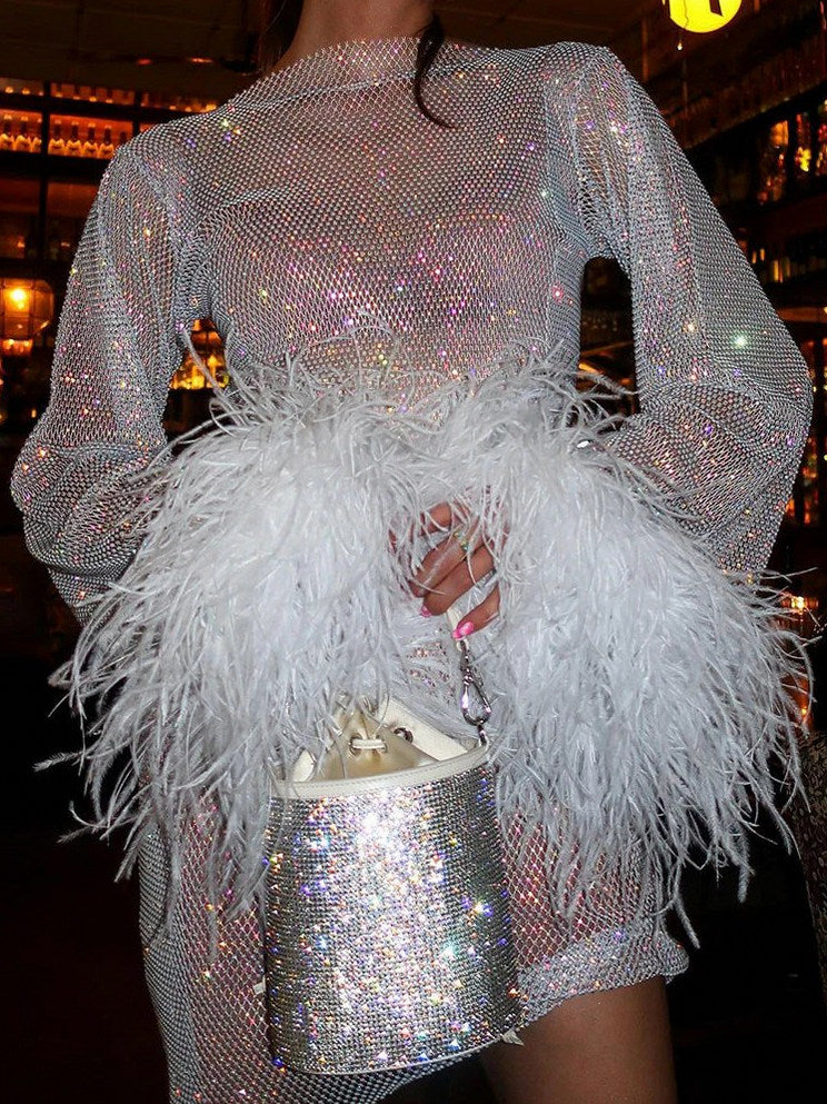 Mesh Sequin Feather Cuff Mini Dress
