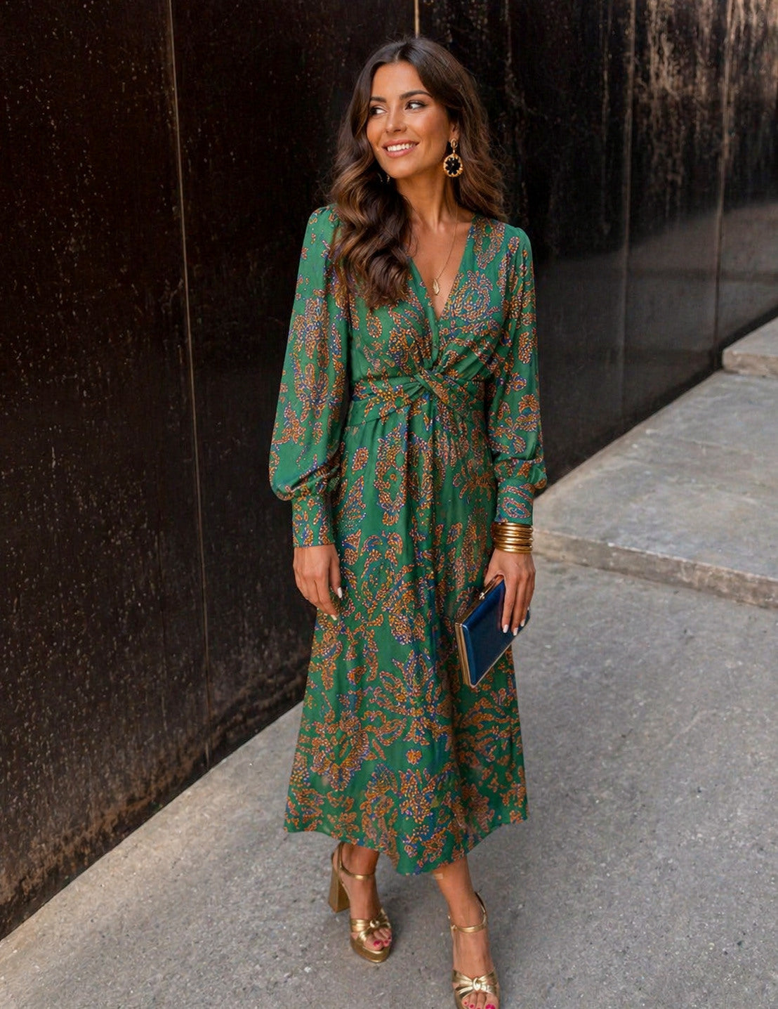 Paisley Long Sleeve Twist Front Maxi Dress