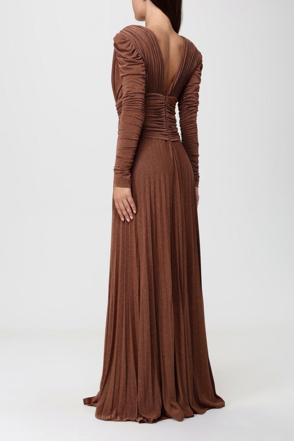 Pleated Long Sleeve Plunge Maxi Dress