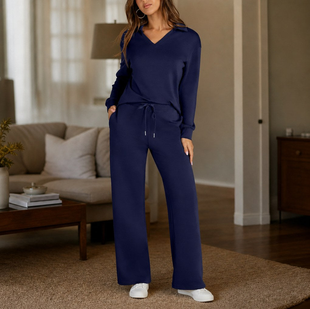 Polo Collar Wide Leg Knit Set