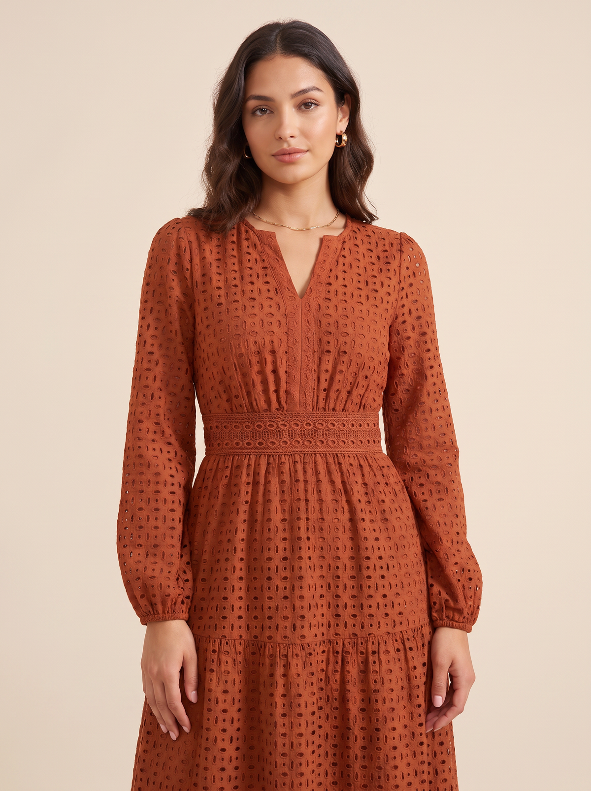 KATE GRANA Sienna Eyelet Tiered Maxi Dress in Rust, detail view
