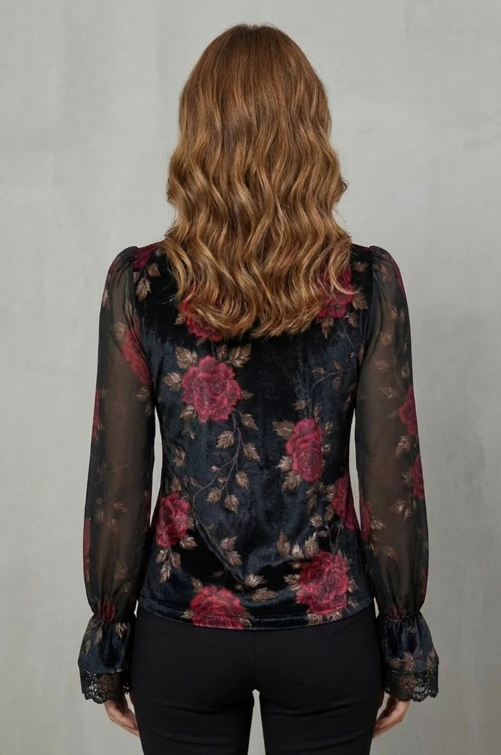 Long Sleeve Rose Print Velvet Lace Blouse