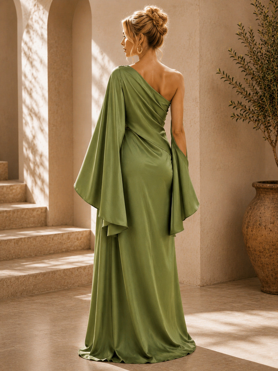 Ruched Asymmetric Cape Maxi Dress