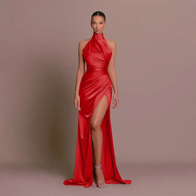 Satin Halter Draped Maxi Dress
