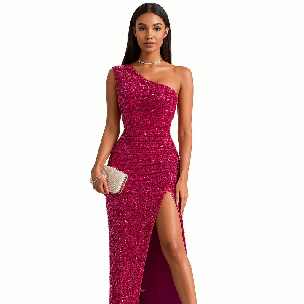 Sequin One Shoulder Ruched Maxi Dress