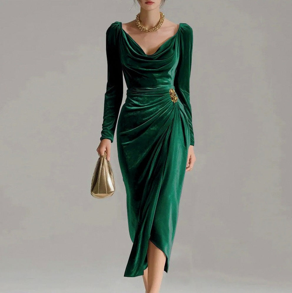 Velvet Cowl Neck Ruched Midi Dress