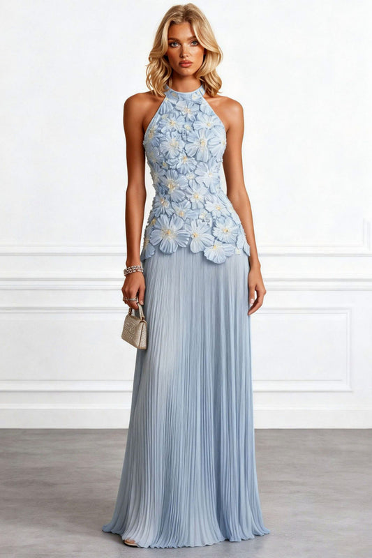 3D Floral Pleated Halter Maxi Dress