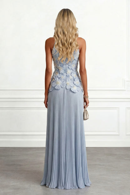 3D Floral Pleated Halter Maxi Dress