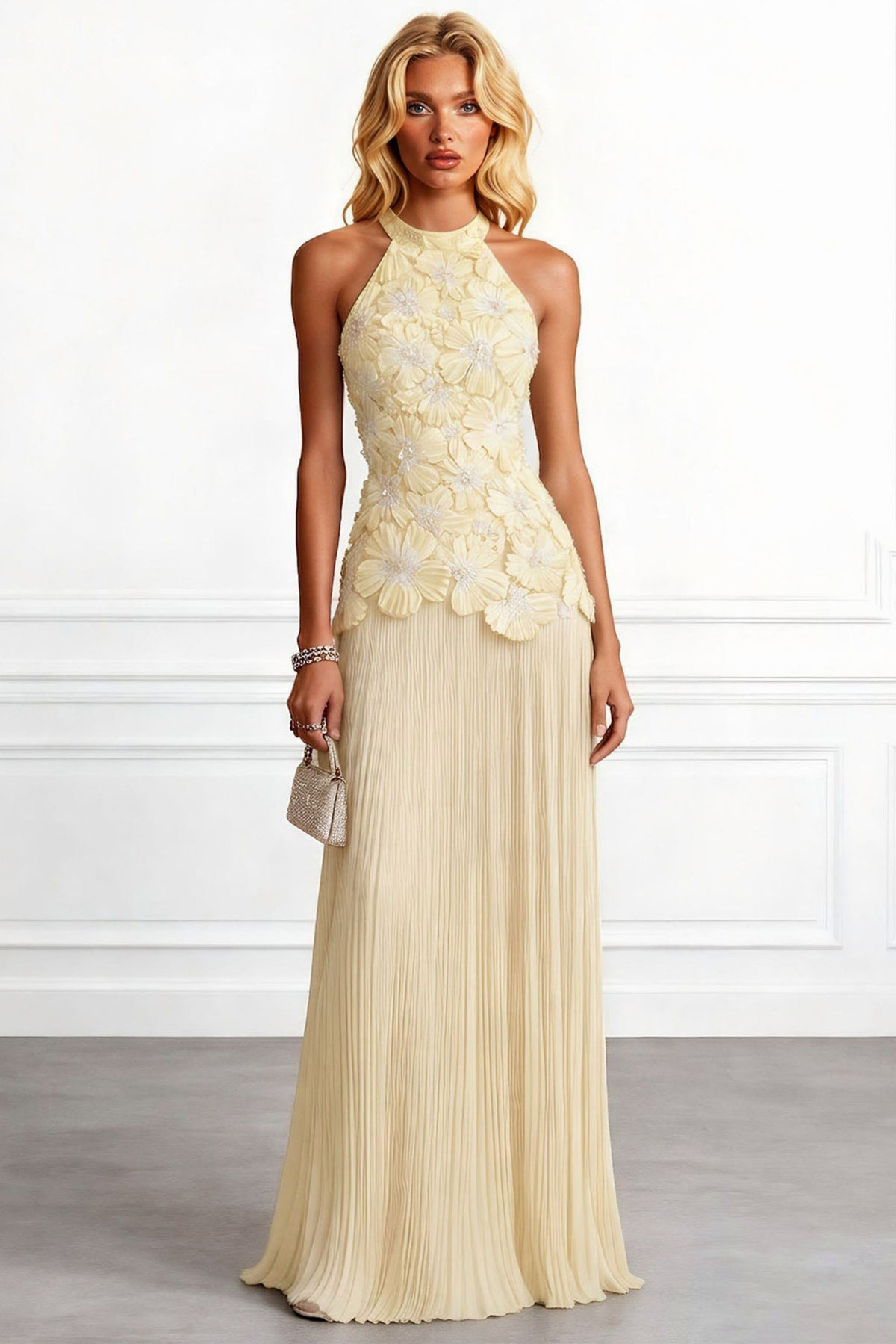 3D Floral Pleated Halter Maxi Dress