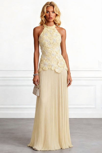 3D Floral Pleated Halter Maxi Dress