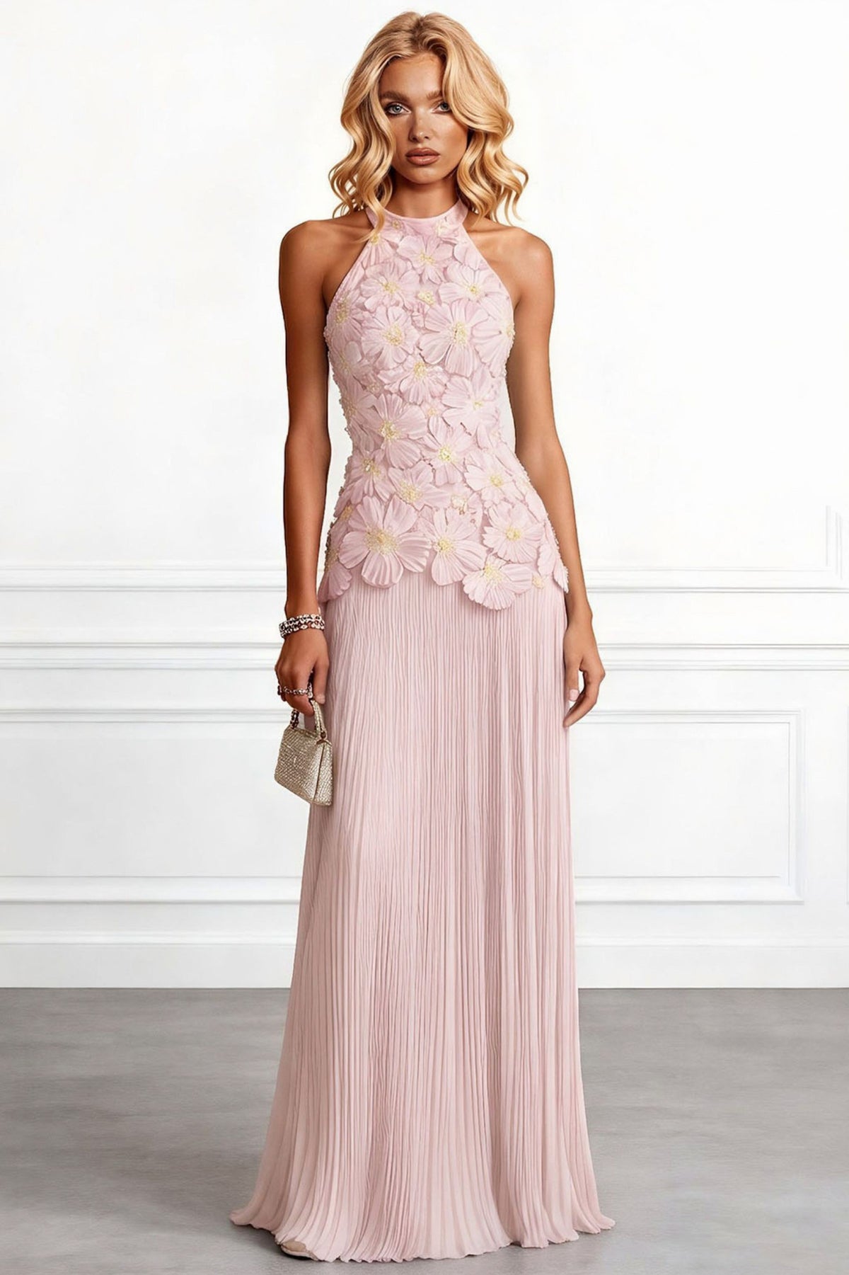 3D Floral Pleated Halter Maxi Dress