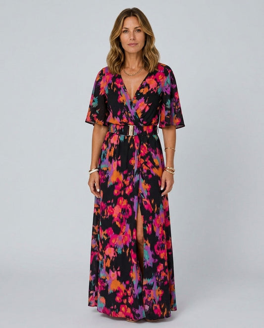 Abstract Belted Maxi Dress