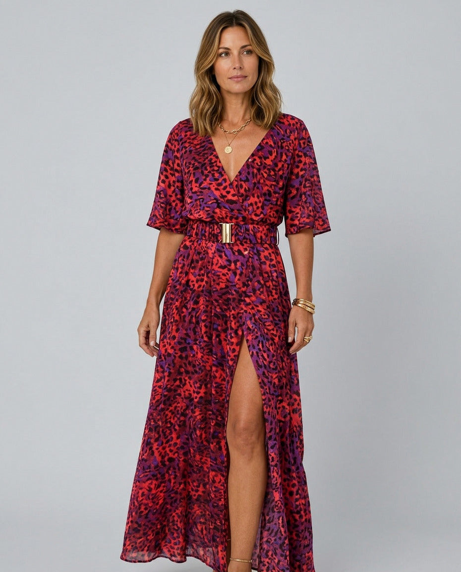 Abstract Belted Maxi Dress