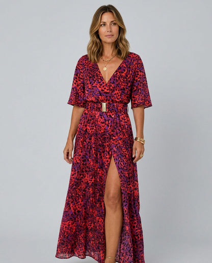 Abstract Belted Maxi Dress