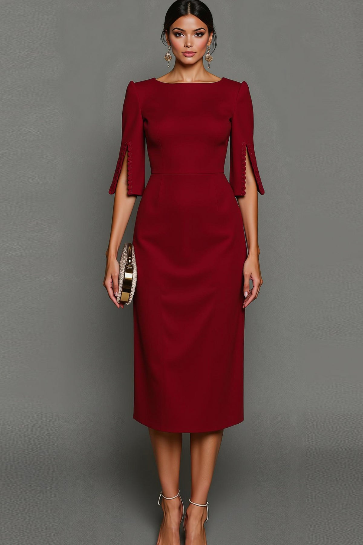 Beaded Slit Sleeve Midi Sheath Dress