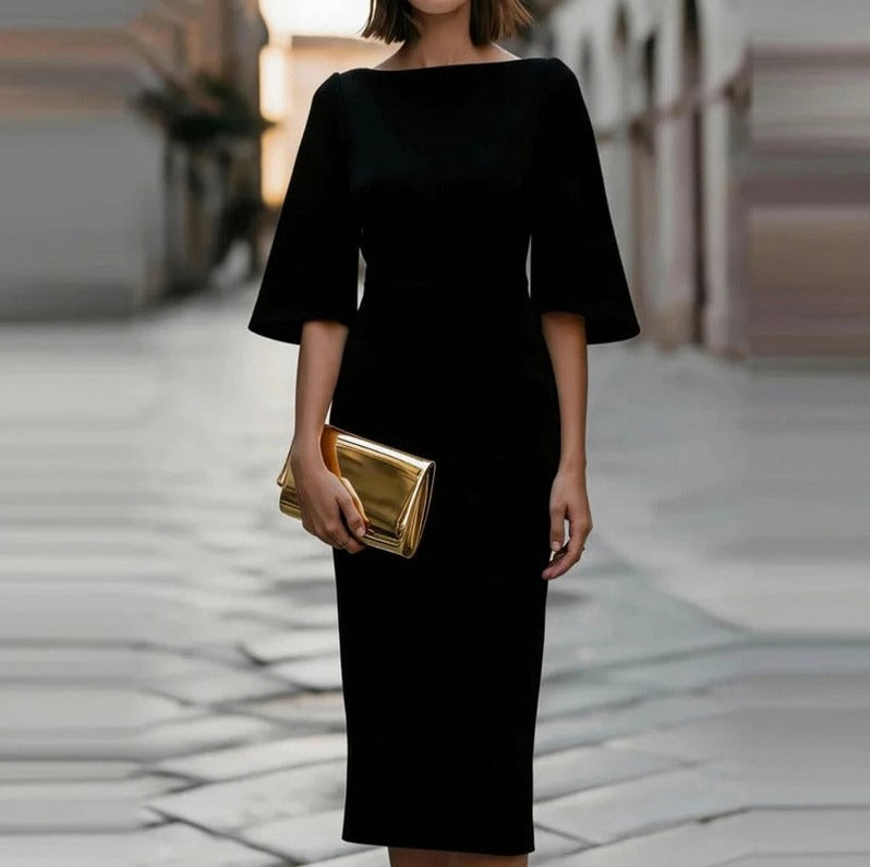 Bell Sleeve Boat Neck Midi Dress