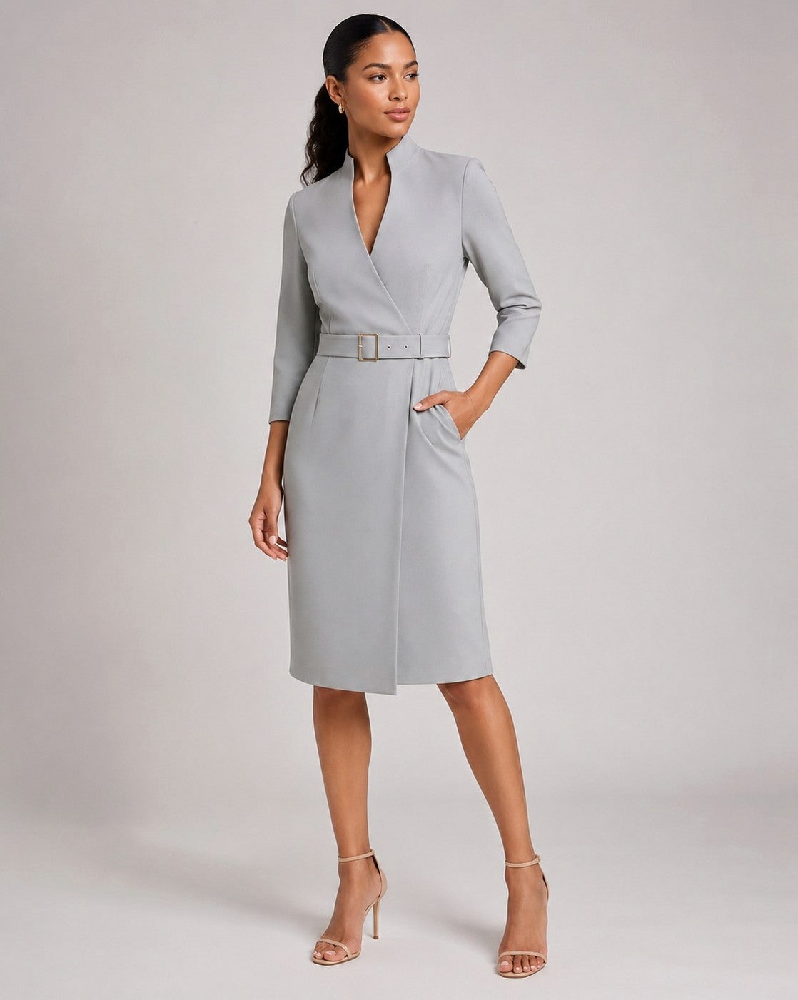 Belted 3/4 Sleeve Midi Dress
