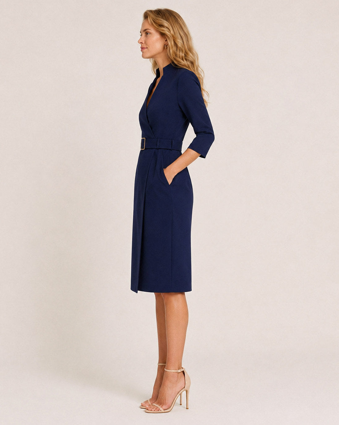 Belted 3/4 Sleeve Midi Dress