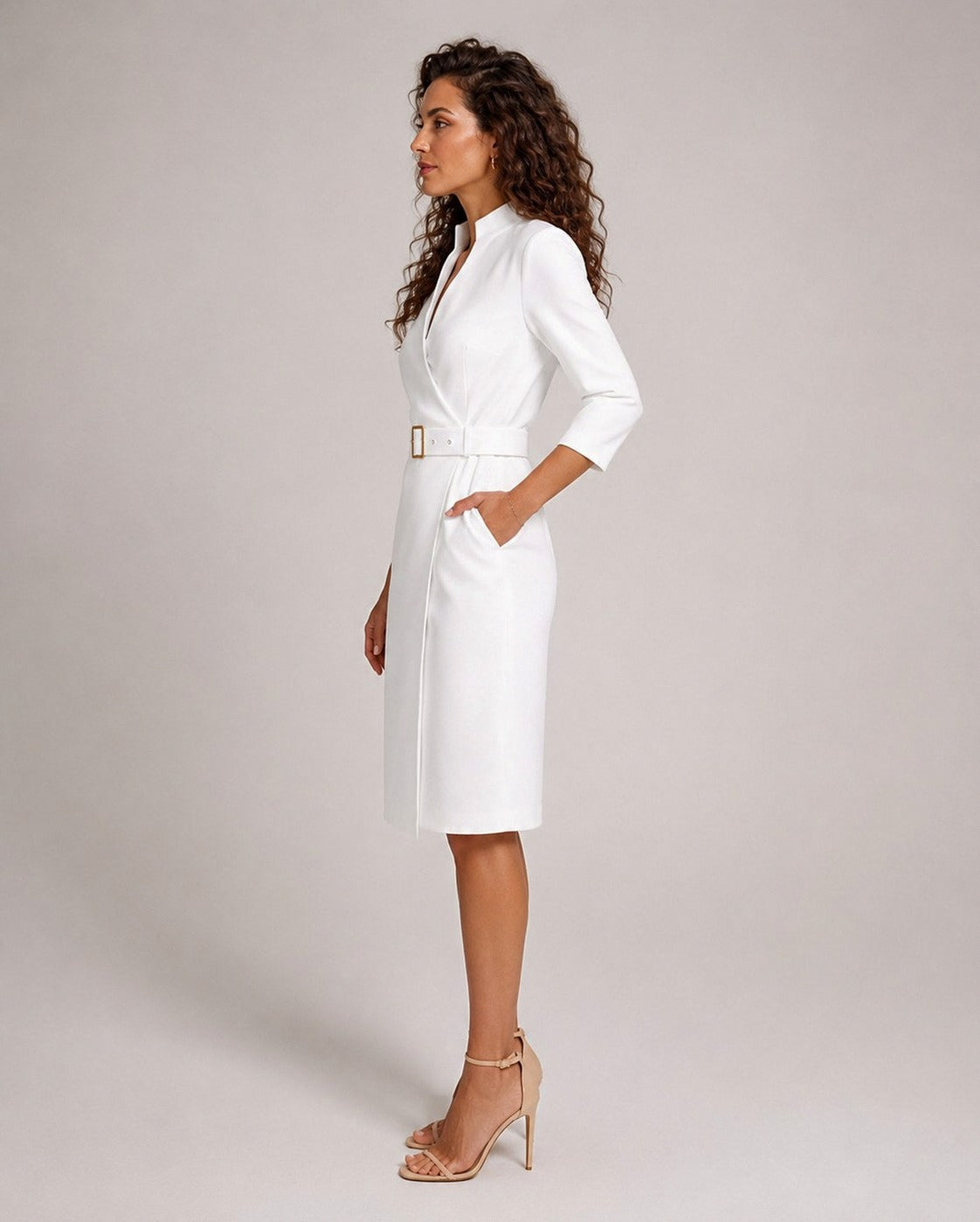 Belted 3/4 Sleeve Midi Dress