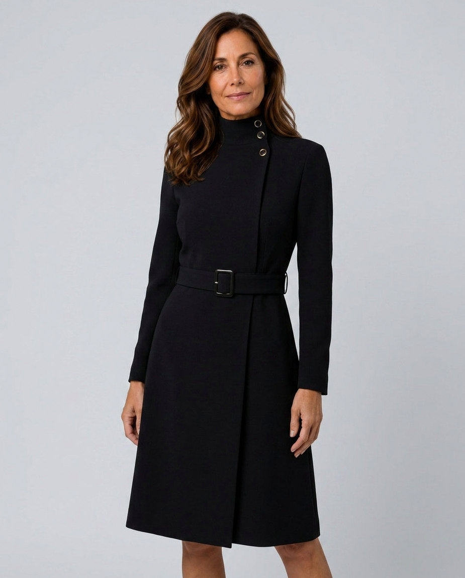 Belted Mock Neck Midi Coat