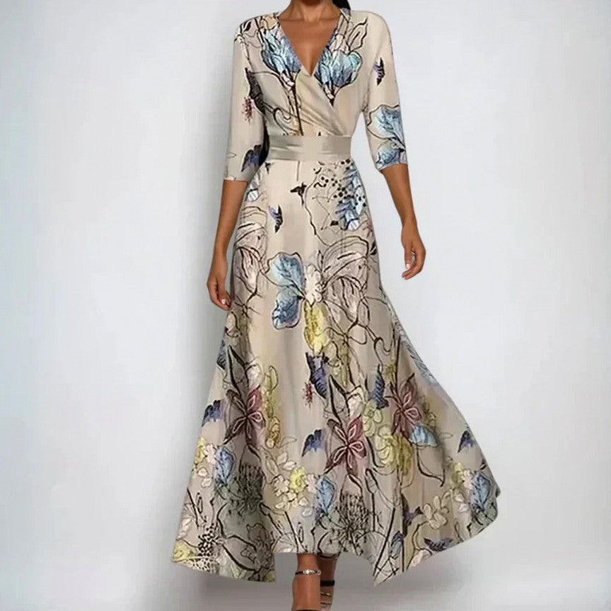 3/4 Sleeve Botanical Floral A-Line Maxi Dress