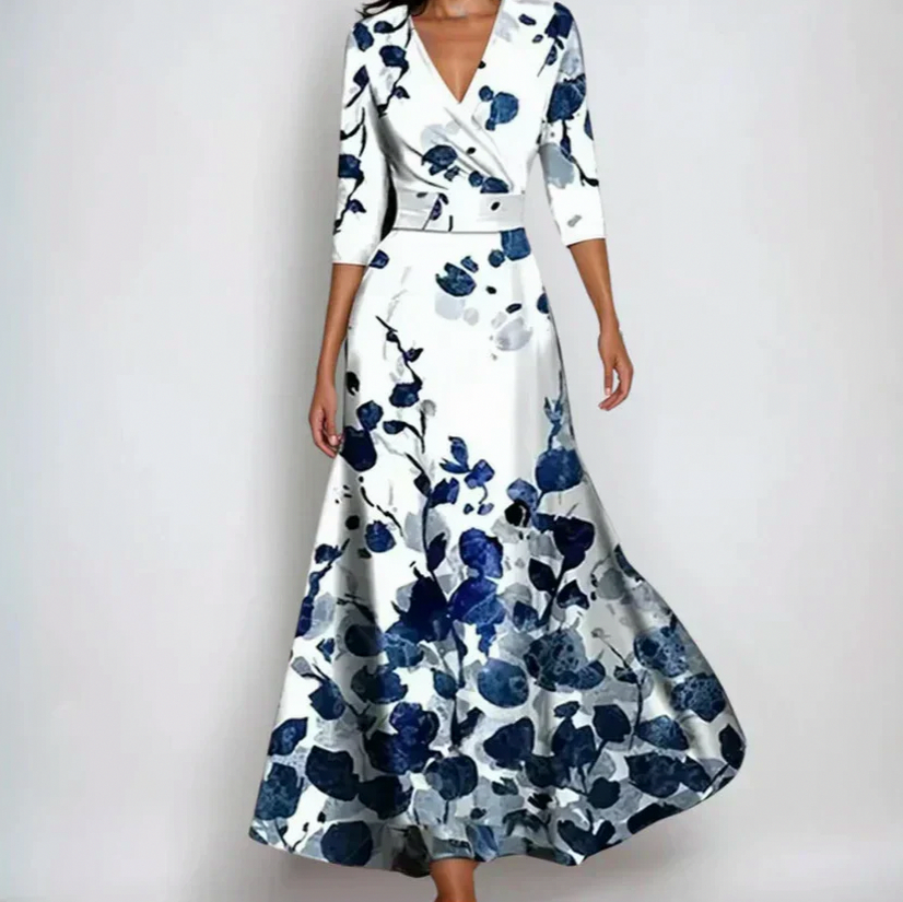 3/4 Sleeve Botanical Floral A-Line Maxi Dress