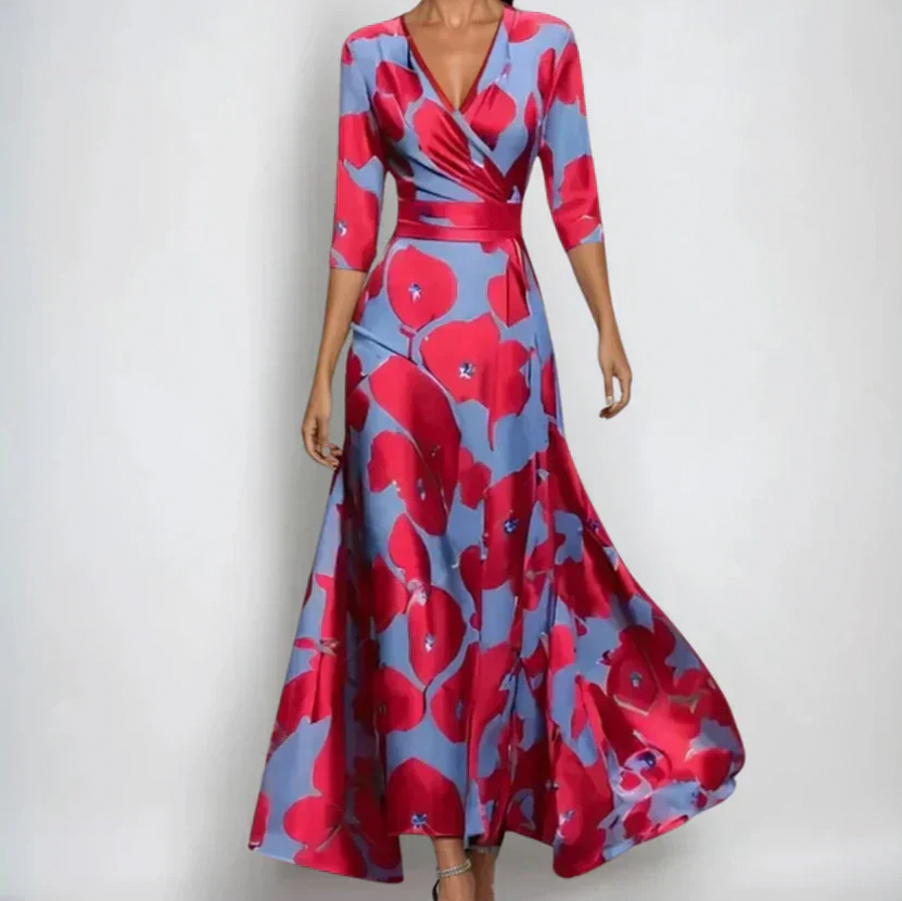3/4 Sleeve Botanical Floral A-Line Maxi Dress