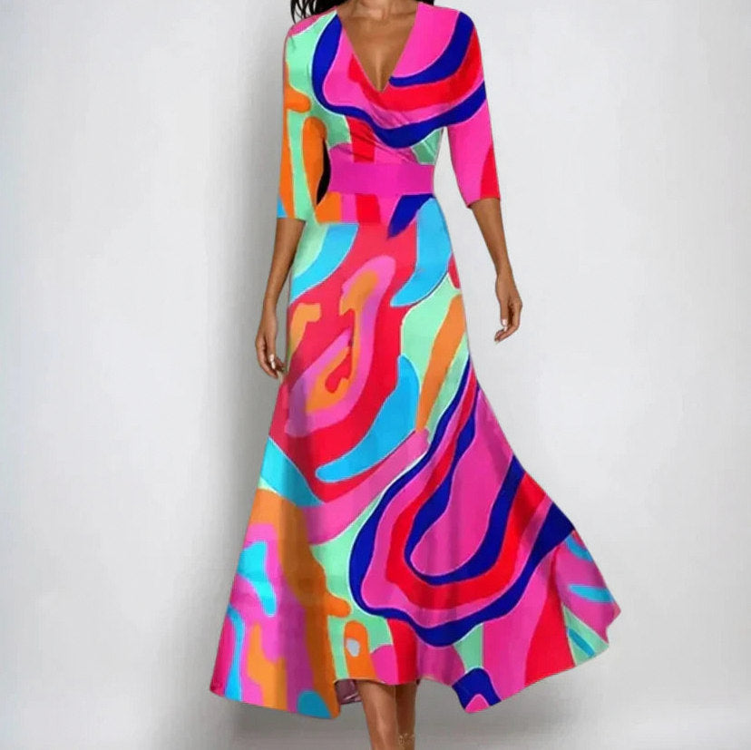 3/4 Sleeve Botanical Floral A-Line Maxi Dress