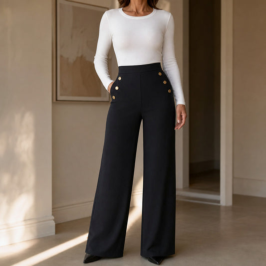 Button Accent Wide Leg Pants