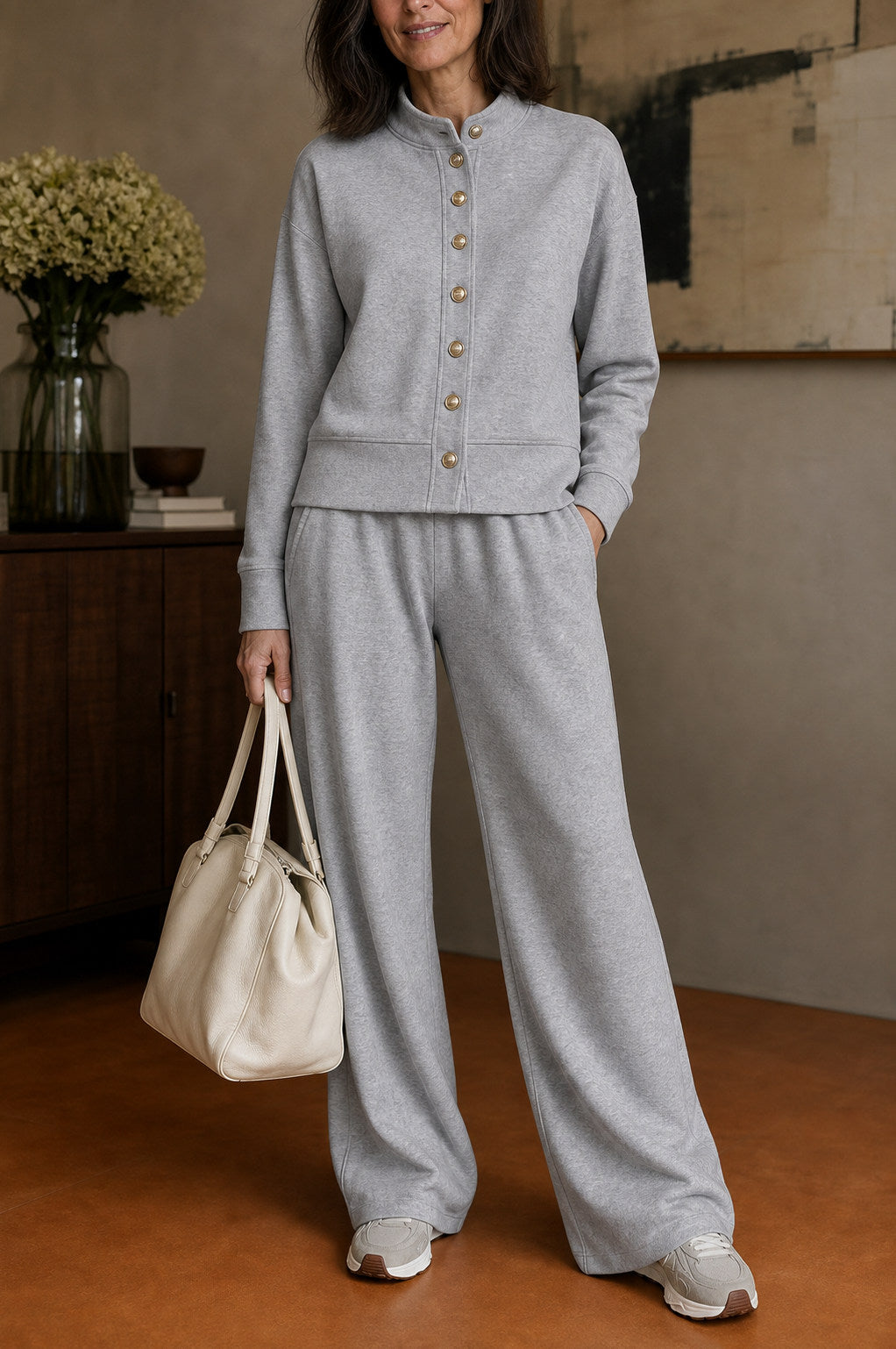 Button Front Wide Leg Lounge Set