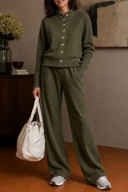 Button Front Wide Leg Lounge Set