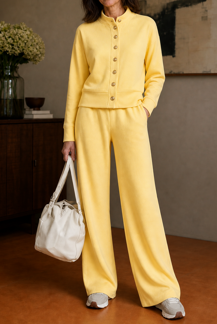 Button Front Wide Leg Lounge Set