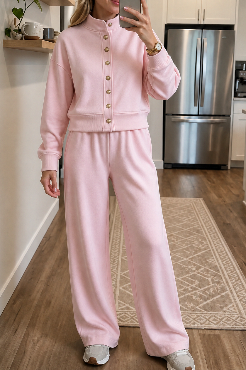 Button Front Wide Leg Lounge Set