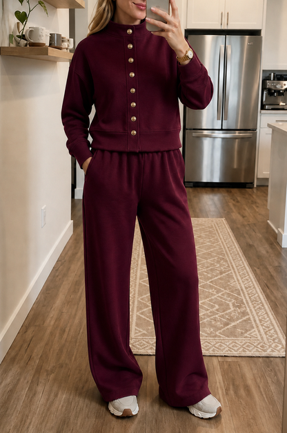 Button Front Wide Leg Lounge Set