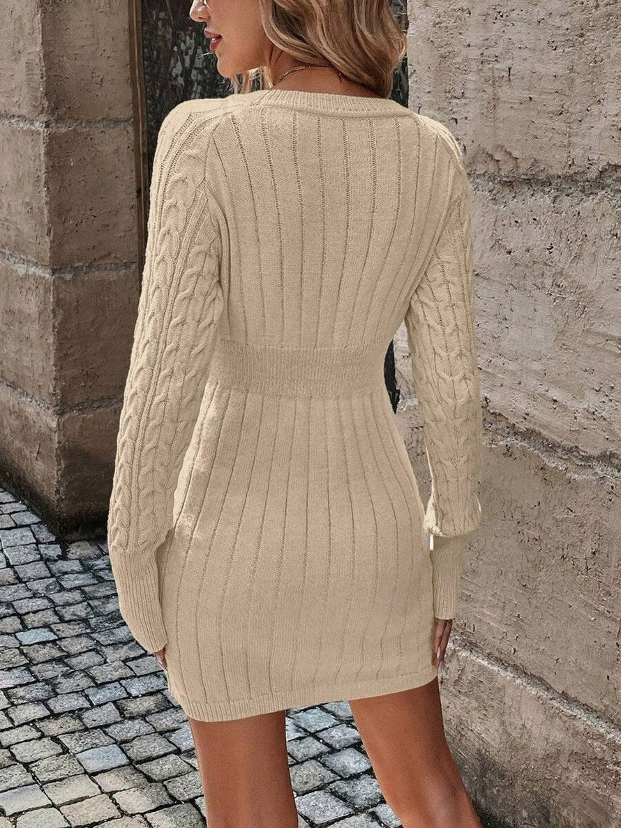 Cable Knit Long Sleeve Crewneck Sweater Dress