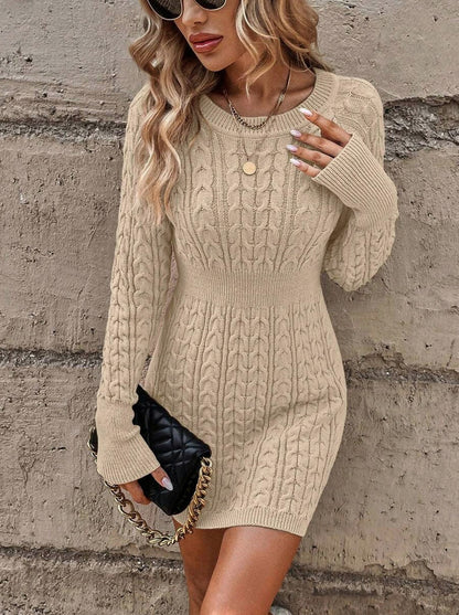 Cable Knit Long Sleeve Crewneck Sweater Dress