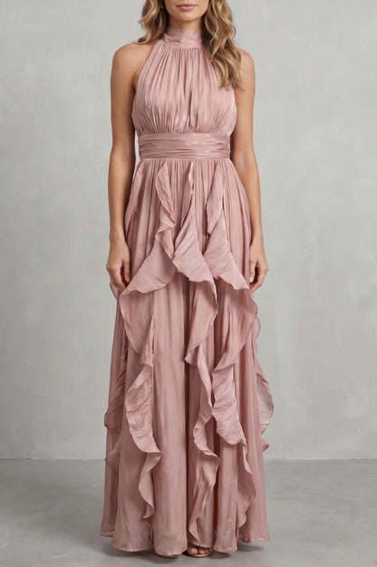 Cascading Ruffle Halter Maxi Dress
