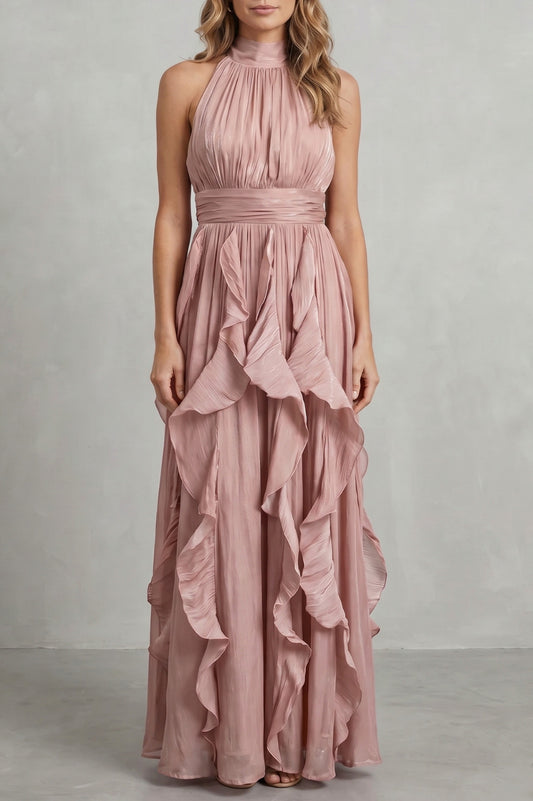 Cascading Ruffle Halter Maxi Dress