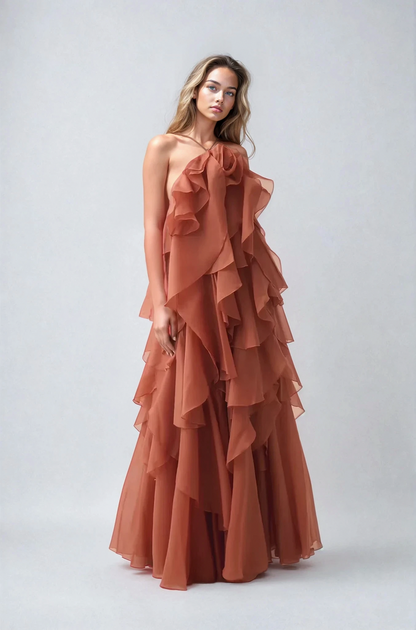Rosette Tiered Ruffle Halter Maxi Dress
