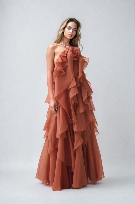 Rosette Tiered Ruffle Halter Maxi Dress
